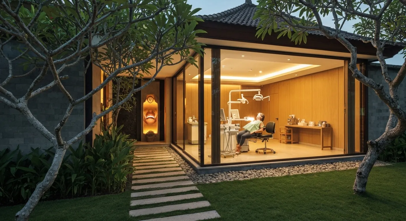Glass-walled dental clinic pavilion in a Balinese garden at dusk
