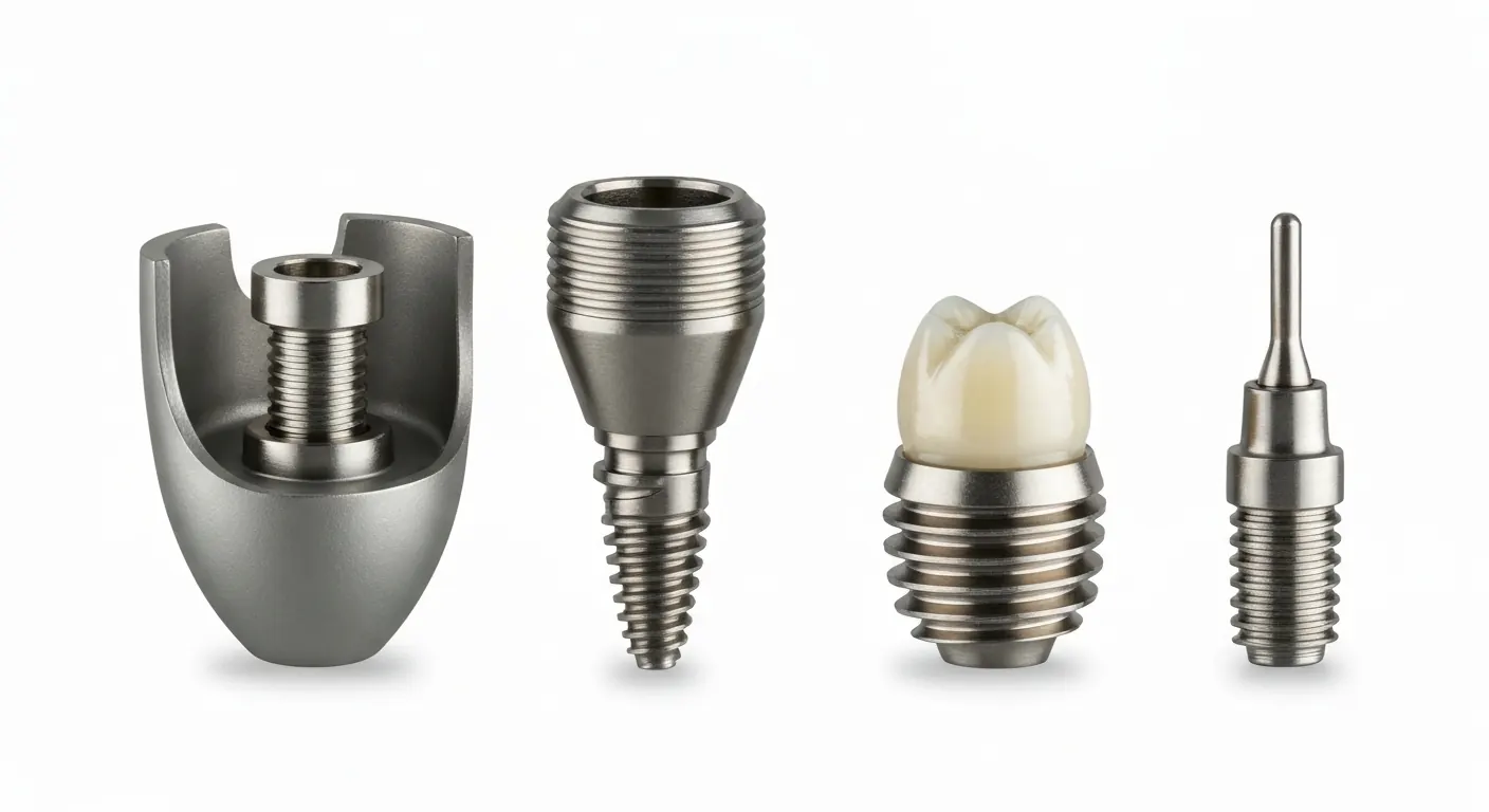 Titanium dental implant components and a ceramic crown on a white surface