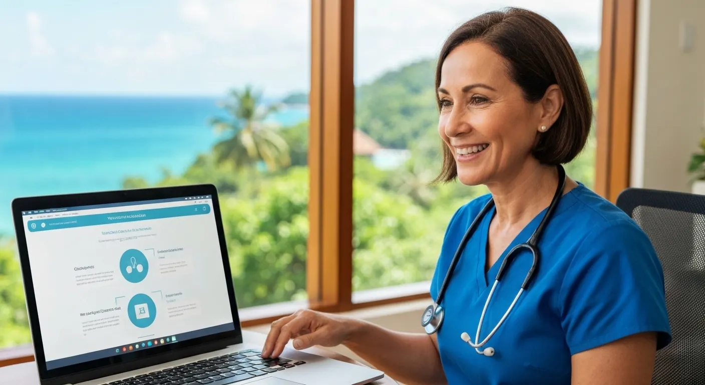Dental coordinator in scrubs reviewing a patient’s case on a laptop with an ocean view