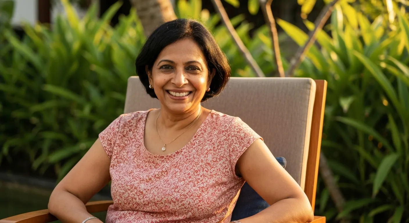Smiling woman seated in a tropical garden in Bali