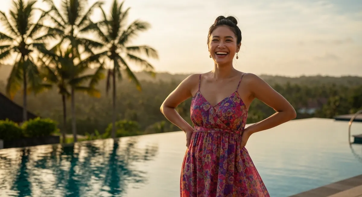 Smiling woman by an infinity pool in Bali