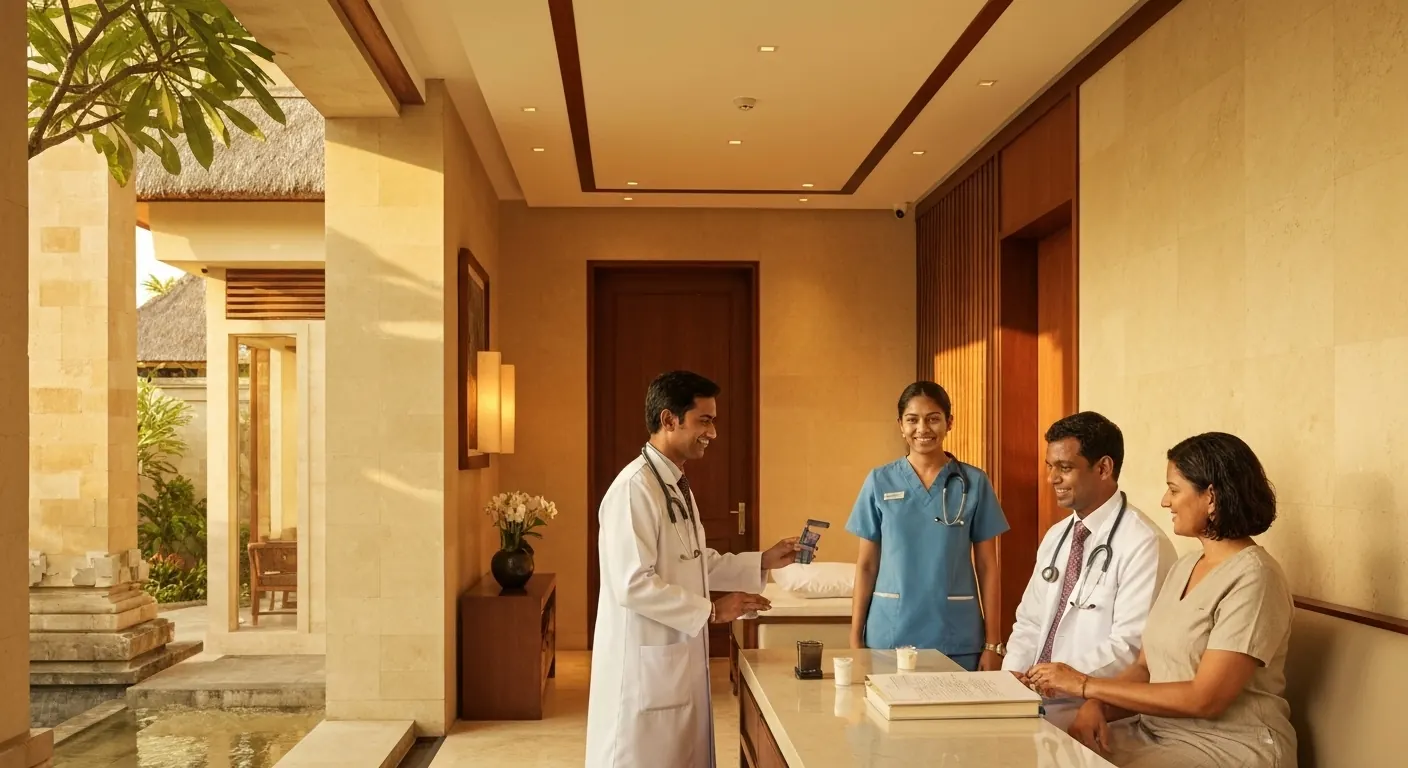 Dentist and nurse welcoming a patient at a Balinese clinic reception