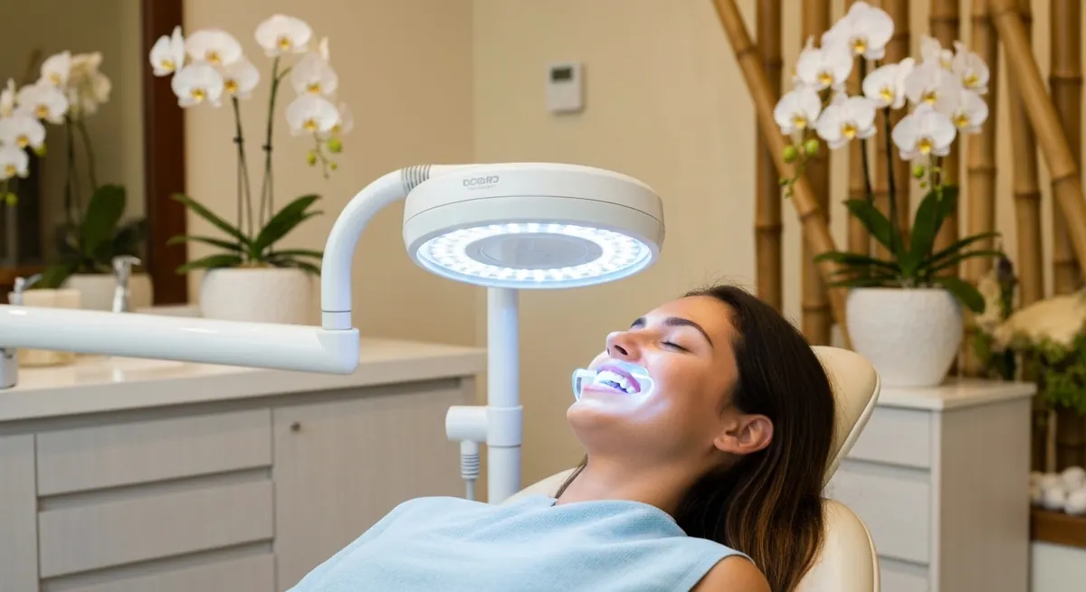 Patient receiving professional teeth whitening under a clinic lamp