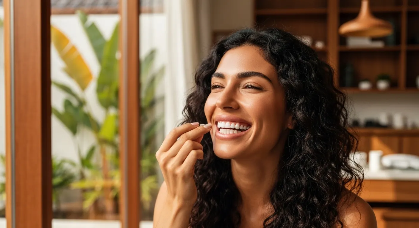 Smiling woman touching her new veneers in a sunlit Bali room