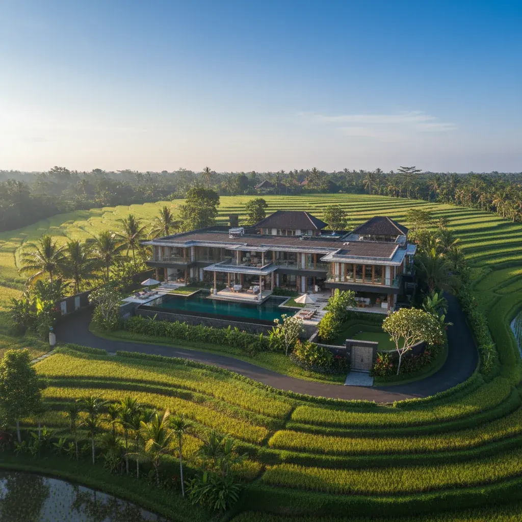 Aerial view of a large villa with a pool surrounded by rice terraces