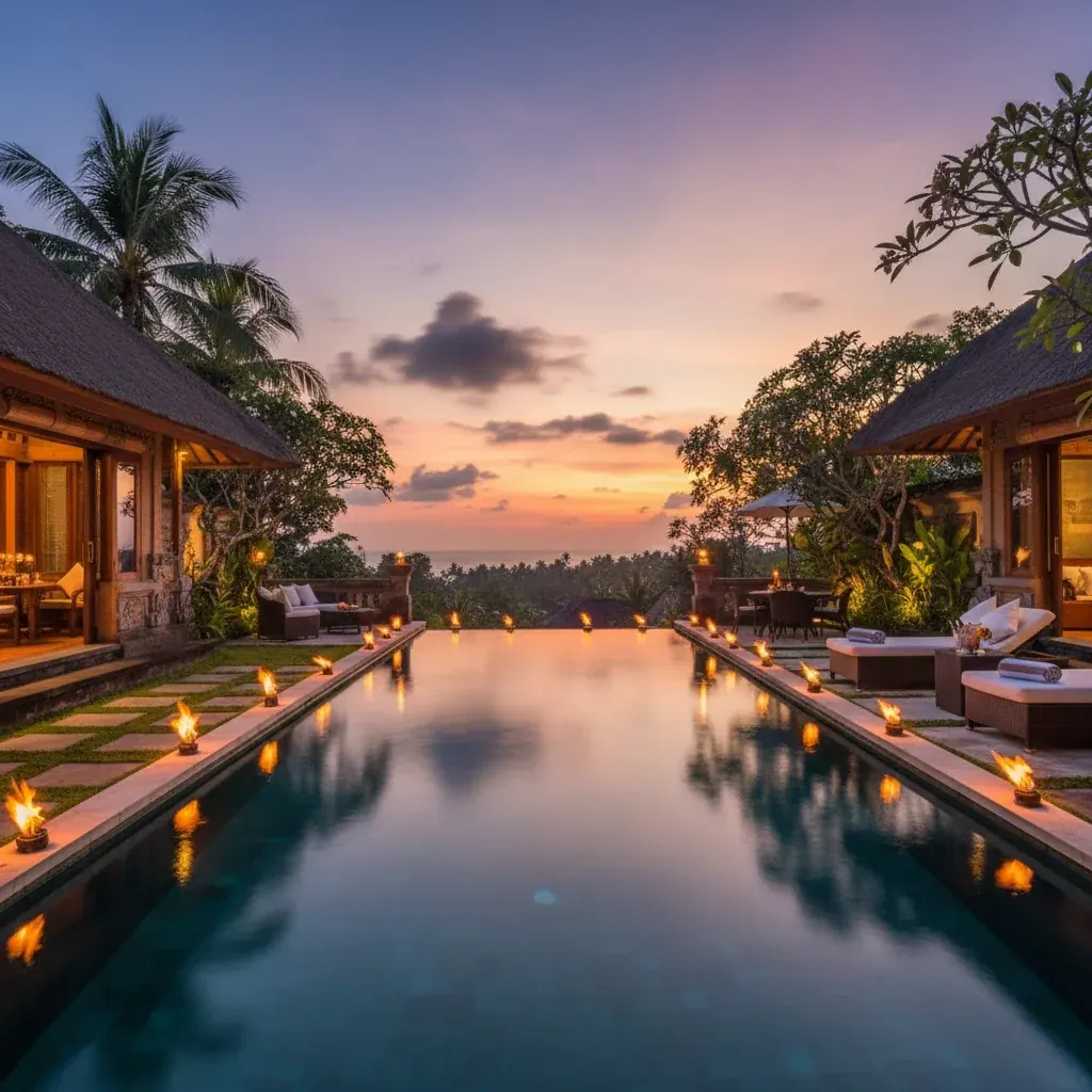 Villa infinity pool lined with torches at dusk
