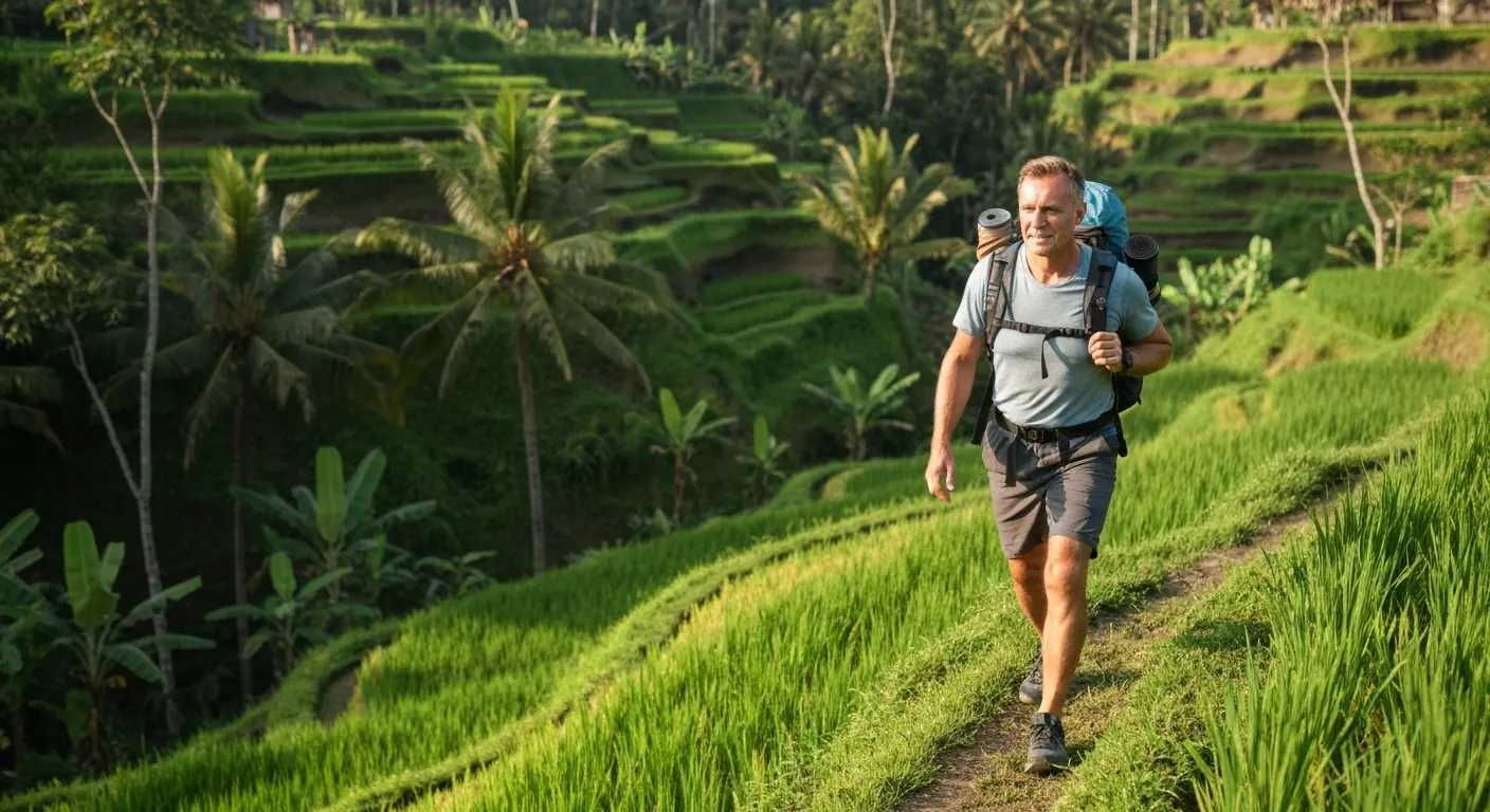Man hiking through Bali rice terraces