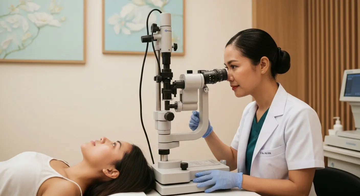 Ophthalmologist examining an eye with a slit lamp