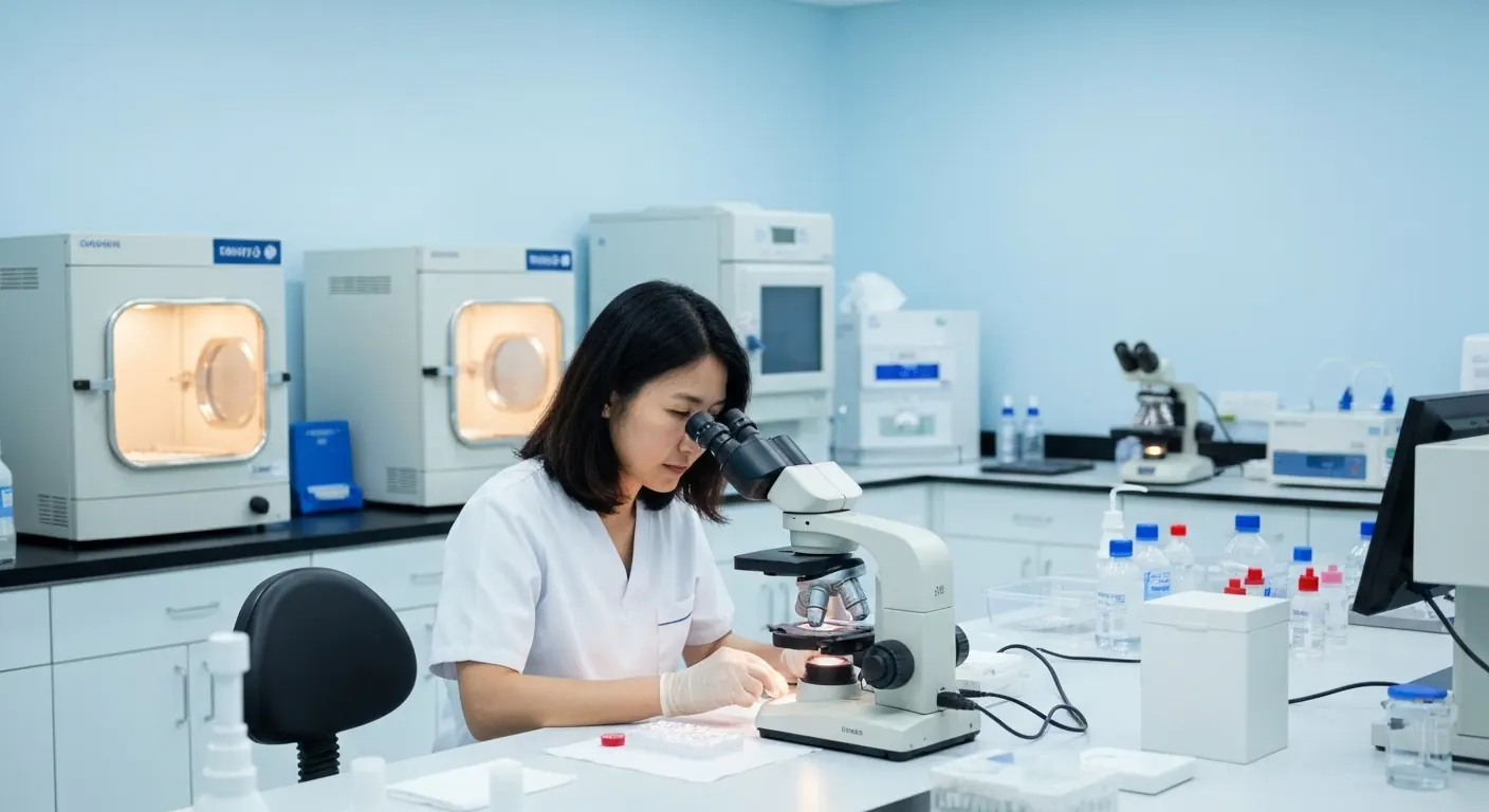 Embryologist examining a sample under a microscope