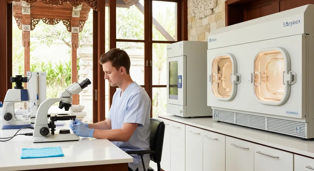 Lab specialist at a microscope beside embryo incubators in a Bali clinic