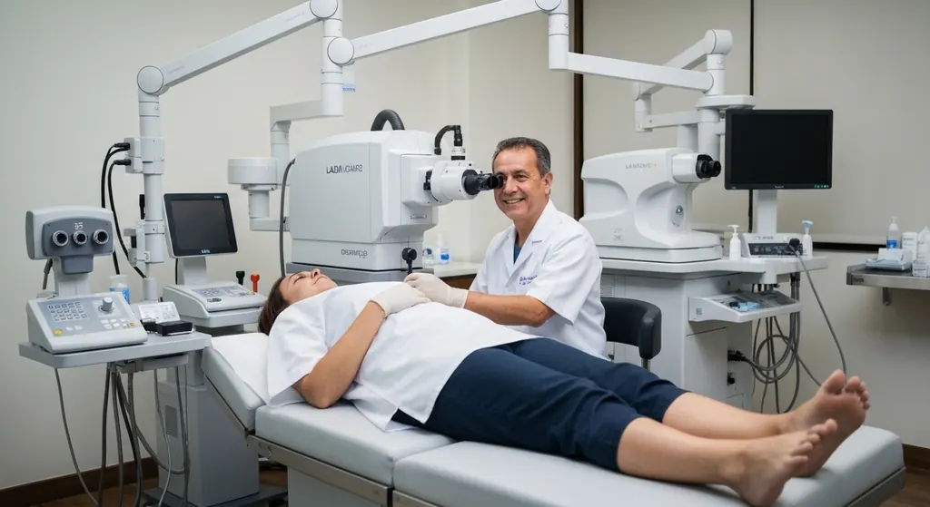 Eye surgeon smiling beside a patient on a laser treatment bed