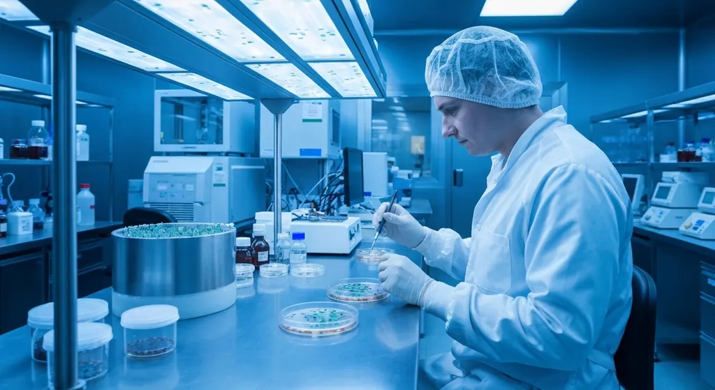 Scientist in a hairnet handling petri dishes in a laboratory