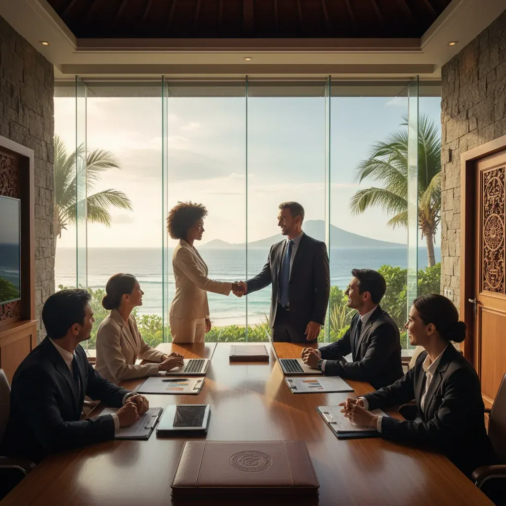 Advisers meeting clients around a boardroom table with an ocean view