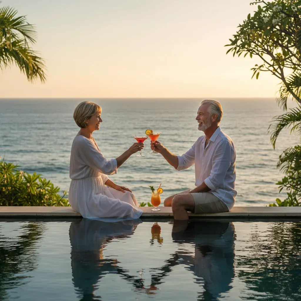 Retired couple toasting on the edge of a pool overlooking the ocean