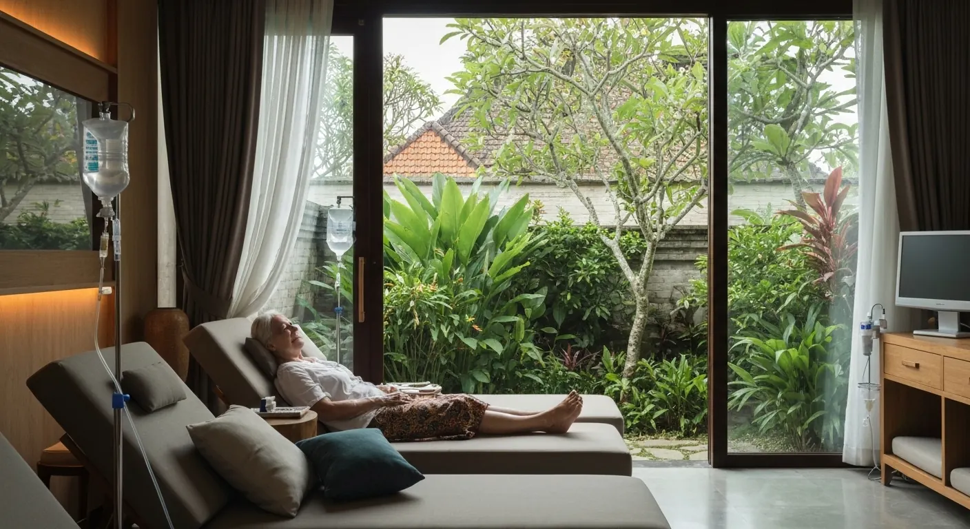 Guest resting on a lounger during an IV drip in a garden-view suite