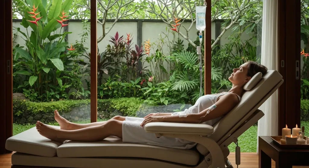 Woman relaxing on a treatment chair during an IV infusion beside a tropical garden