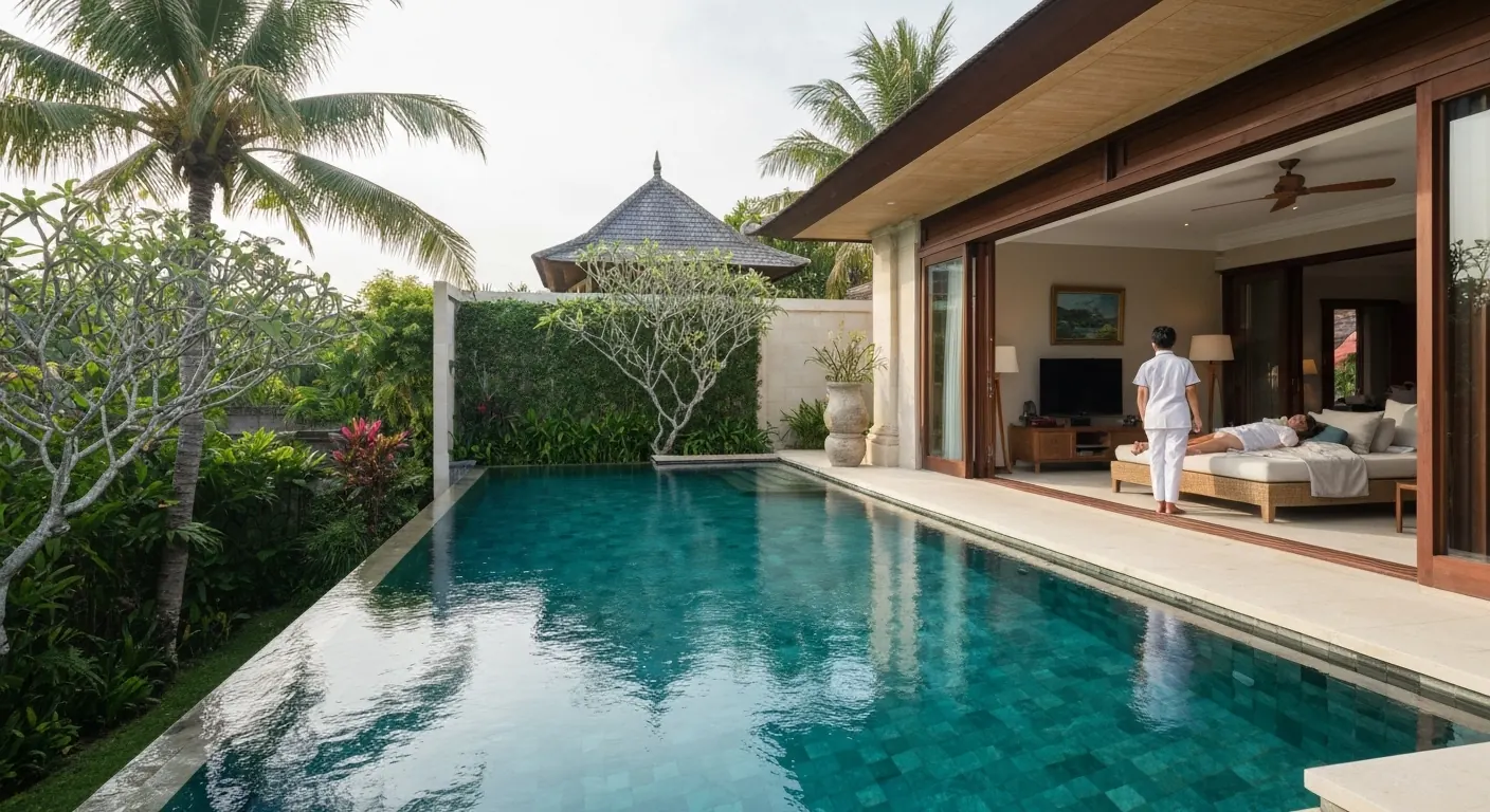 Nurse checking on a patient resting in a pool villa
