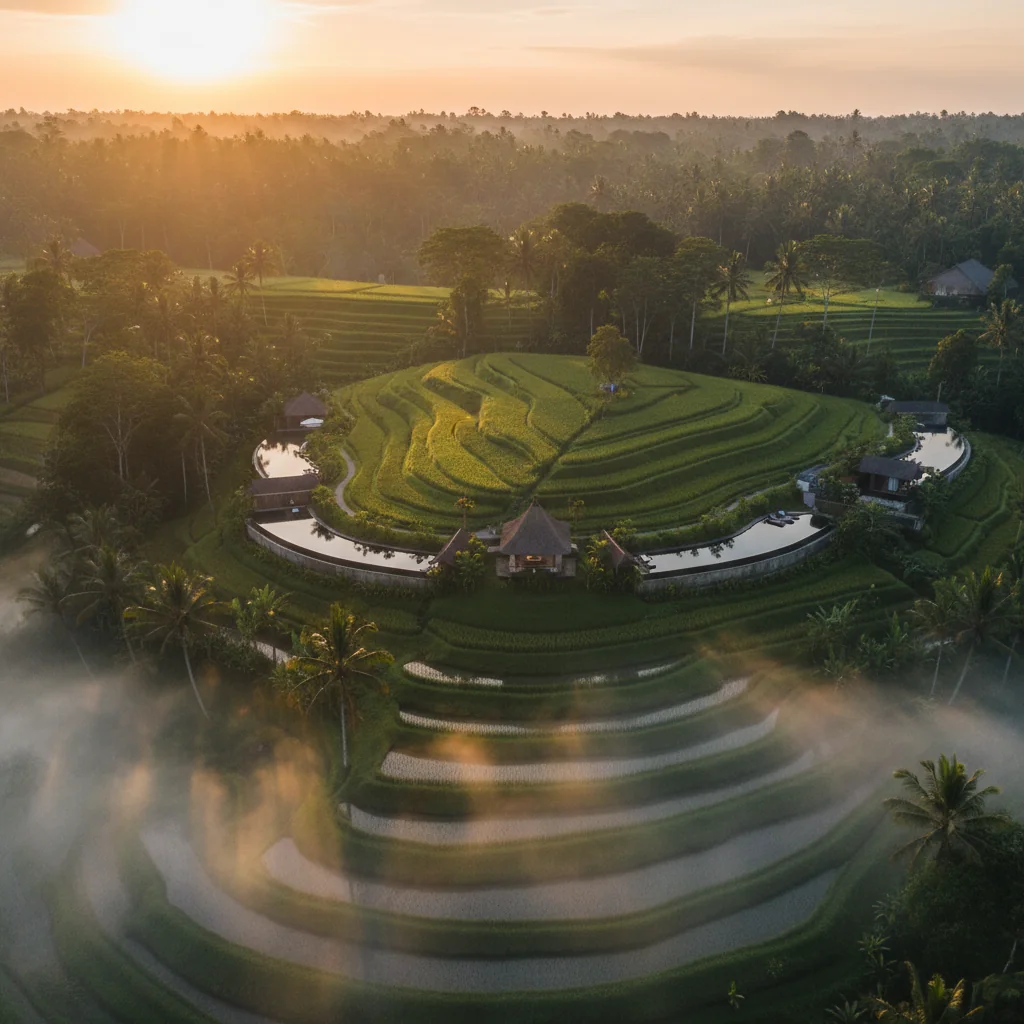 Luxury wellness retreat overlooking Bali rice terraces
