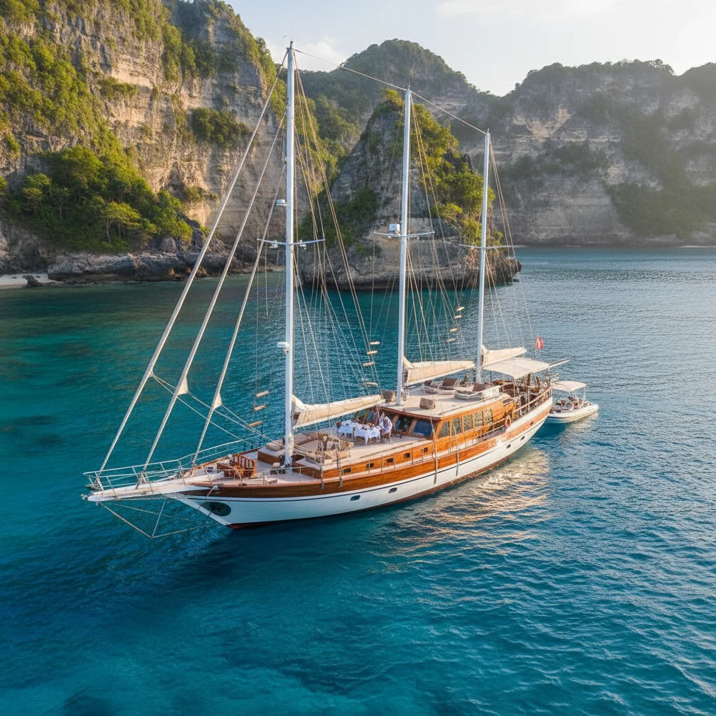 Luxury yacht anchored Nusa Penida Bali coast