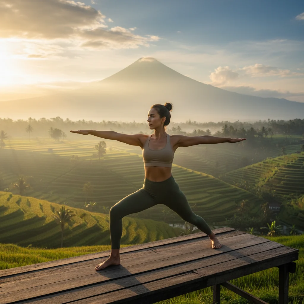 Yoga overlooking Bali rice terraces sunrise